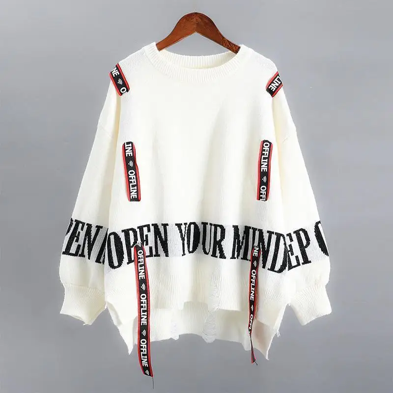 Top Trends: Autumn Winter Street Style Letter Spliced Jumpers Ladies Loose Casual All-match Knitted Pulllover Top Women Harajuku Y2K Sweater Shoppable Styles