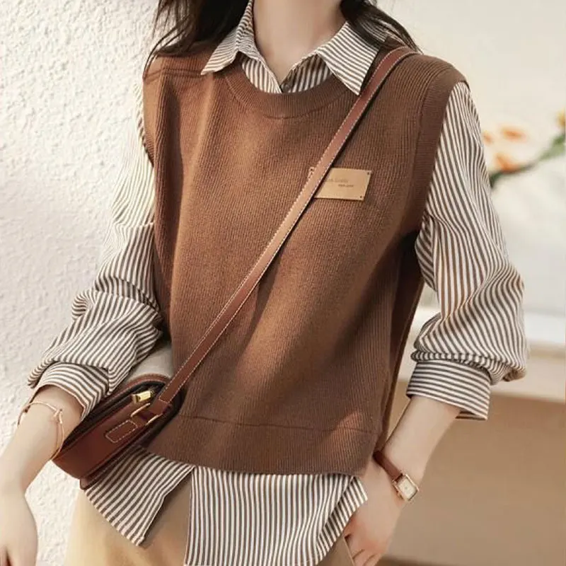 Top Trends: 2023 New Streetwear Fake Two Pieces Striped Spliced Shirt Spring Autumn Polo-Neck Female Clothing Fashion Button Casual Blouse Shoppable Styles