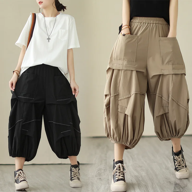 Top Trends: #2944 Summer Black Khaki Cargo Pants Women Multi-pockets Loose Streetwear Wide Leg Pants High Waist Asymmetrical Bloomers Pants Shoppable Styles