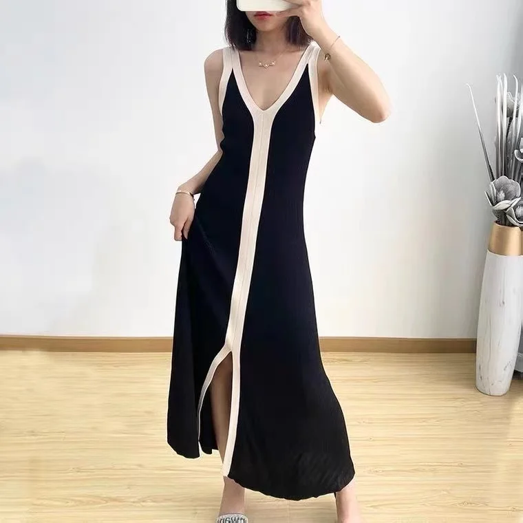 Top Trends: Fashion Women V-neck Maxi Dress Sexy Sling Sleeveless Dresses Knitted Long Dress Women Sweater Female Shoppable Styles - Image 6