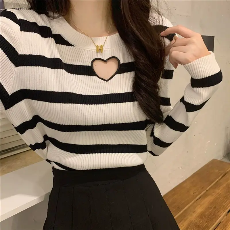 Top Trends: Autumn New Love Hollow Out Striped Sweaters Long Sleeve O-Neck Slim Knitting Pullovers Tops Sweet Korean Fashion Women Clothing Shoppable Styles