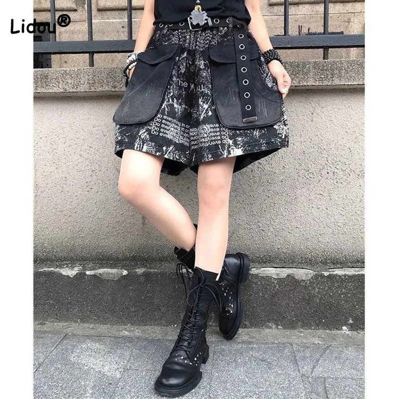 Top Trends: High Street Vintage Printing Denim Shorts Female Pockets Spliced Fashion Belt Elastic Waist Loose Pants Summer Women's Clothing Shoppable Styles