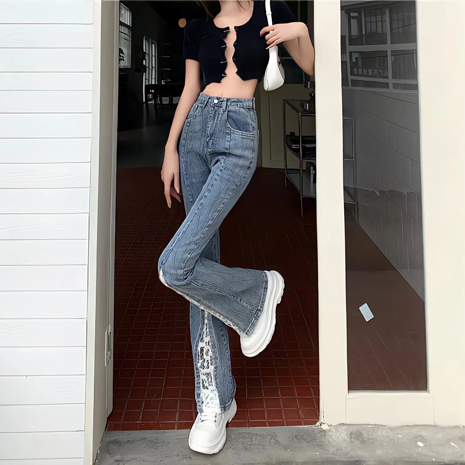 Top Trends: New Women Jeans Front-Slit Spliced Flare Elegant Korean Style Casual Trendy Retro Chic Lace Denim Pants Y2k 90s Women'S Trousers Shoppable Styles - Image 4