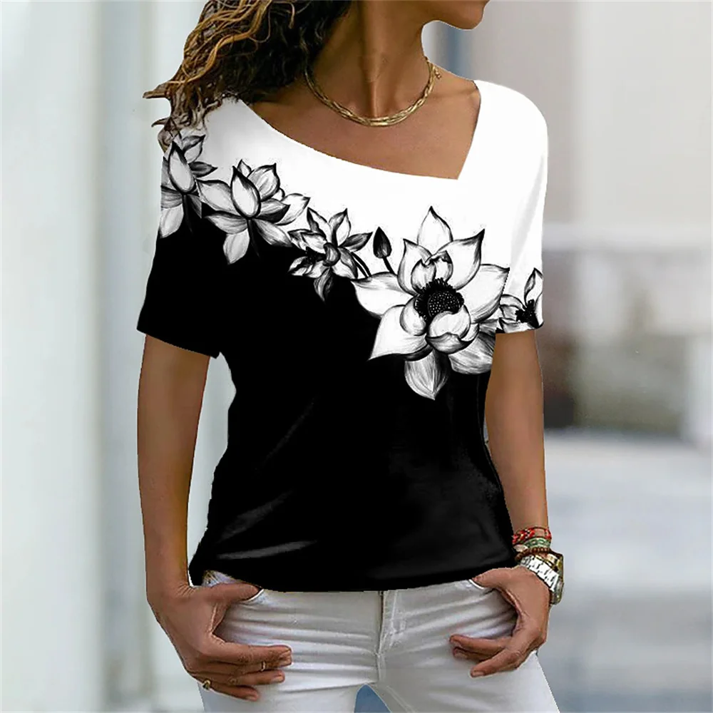 Top Trends: Women's T Shirt Floral 3D Print Girls T-shirt Clothing V-neck Cotton Short Sleeve Blouse Summer Casual Pullover Harajuku Tops Shoppable Styles