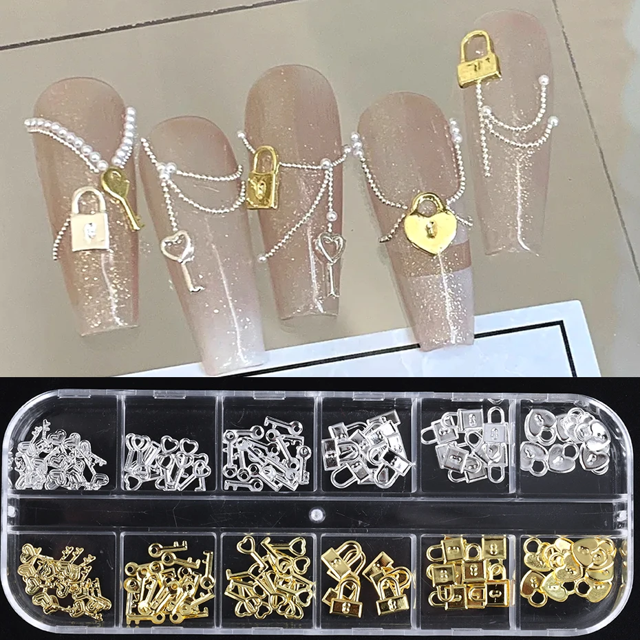 Top Trends: 12 Grids Gold Silver Metal Lock Key Nail Decoration Parts Love Heart Charms Jewelry DIY Valentine's Manicure Accessories Flakes Shoppable Styles