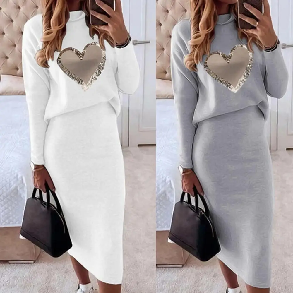 Top Trends: Trendy Midi Skirt Blouse Simple Top Skirt Set Turtleneck Heart Print Loose Blouse Slim Skirt Ultra Soft Shoppable Styles