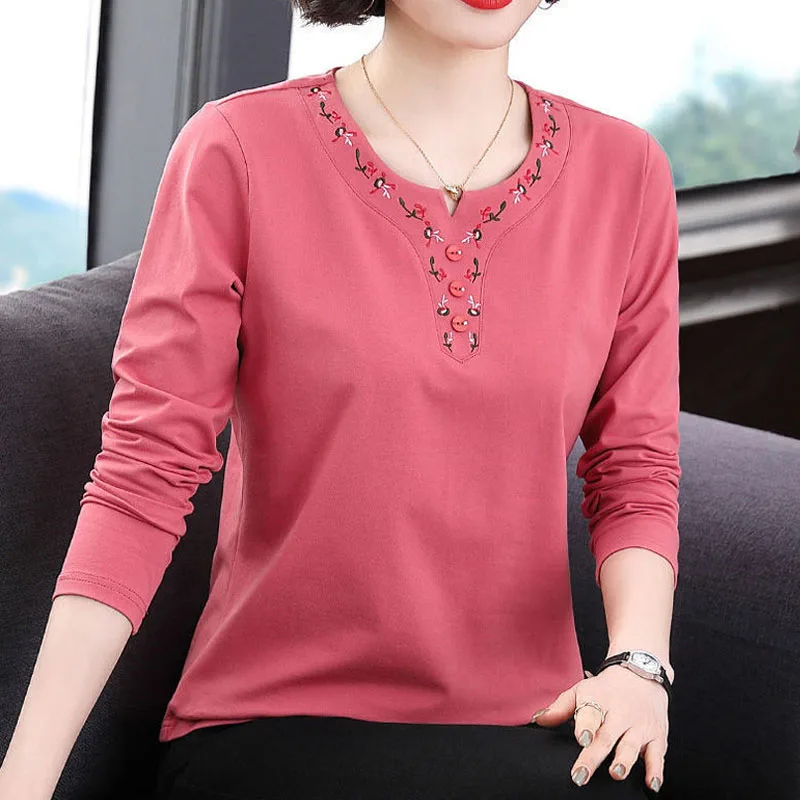 Top Trends: Women's Casual All-match O-Neck Embroidery T-shirt Fashion Elegant Button Spliced Solid Long Sleeve Top For Female Spring Autumn Shoppable Styles