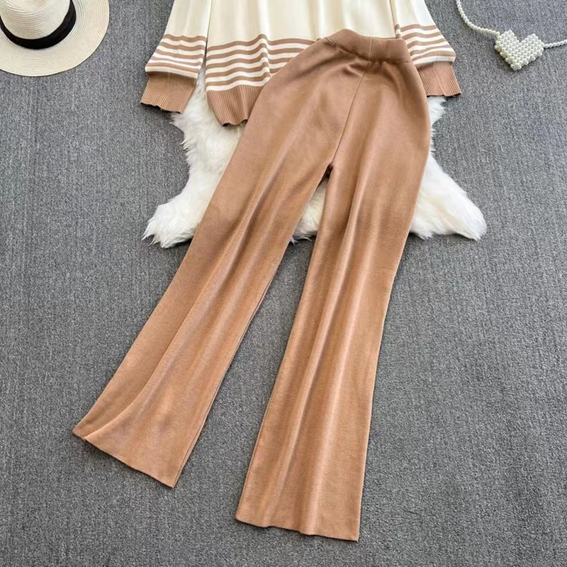 Top Trends: Half High Collar Stripe Stitching Pullover Sweater Womens Korean High Waist Straight Wide Legs Knitted Two Piece Set Sweatshirts Shoppable Styles - Image 6