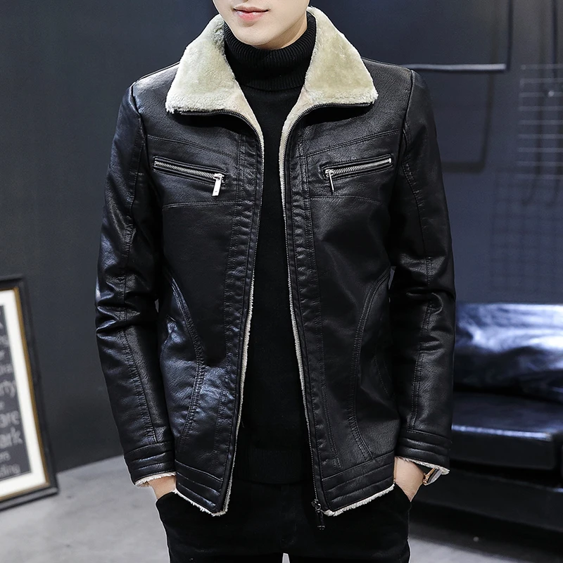 Top Trends: 2023 Winter Men Leather Jacket Solid Color Lining Velvet Business Lapel Medium Length Keep Warm Black Leather Windbreaker S-4XL Shoppable Styles