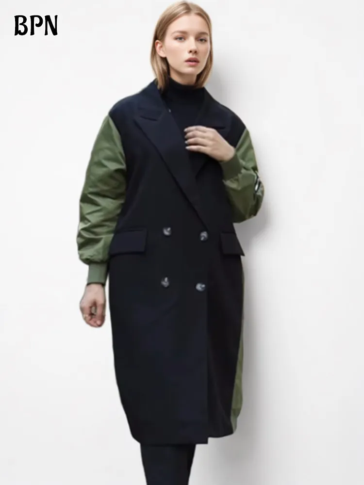 Top Trends: BPN Fashion Hit Color Trench For Women Notched Collar Long Sleeve Spliced Double Breasted Streetwear Windbreaker Femlae Clothing Shoppable Styles