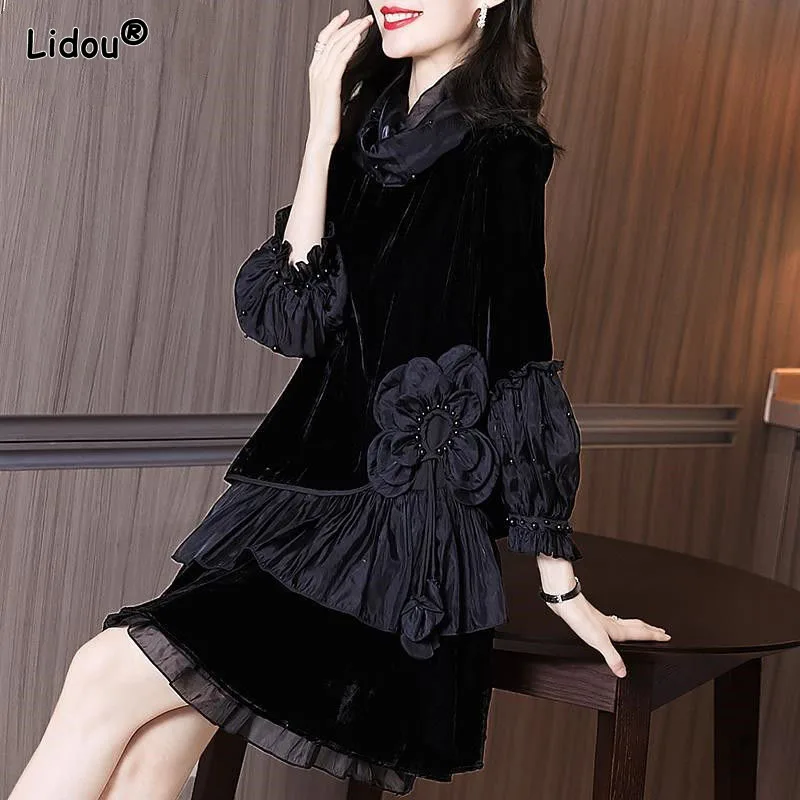 Top Trends: Puff Sleeve Thin Chiffon Spring Autumn Women's Clothing Elegant Fashion Pile Collar Lace Floral Dresses Lightly Cooked Elegant Shoppable Styles