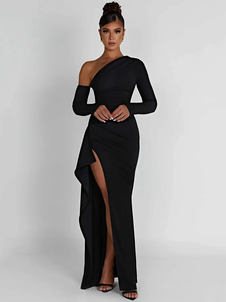 Top Trends: Mozision Oblique Shoulder Thigh High Split Maxi Dress Women Long Sleeve Backless Bodycon Sexy Club Party Long Dress Vestidos Shoppable Styles