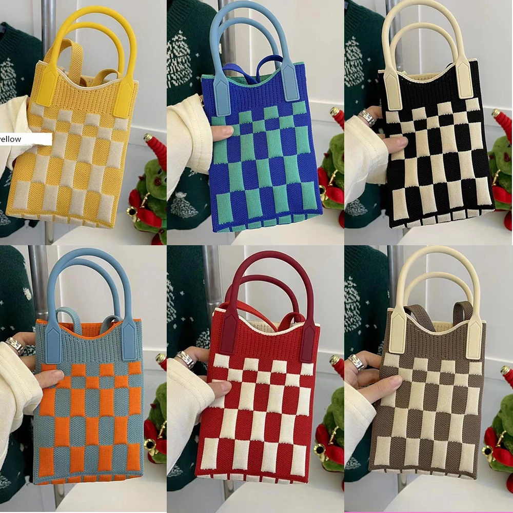 Top Trends: 12.5x23.5cm Mini Knit Shopping Bags Women Reusable Crossbody Japanese Casua Knot Wrist Bag Student Stripe Plaid Tote Phone Bag Shoppable Styles