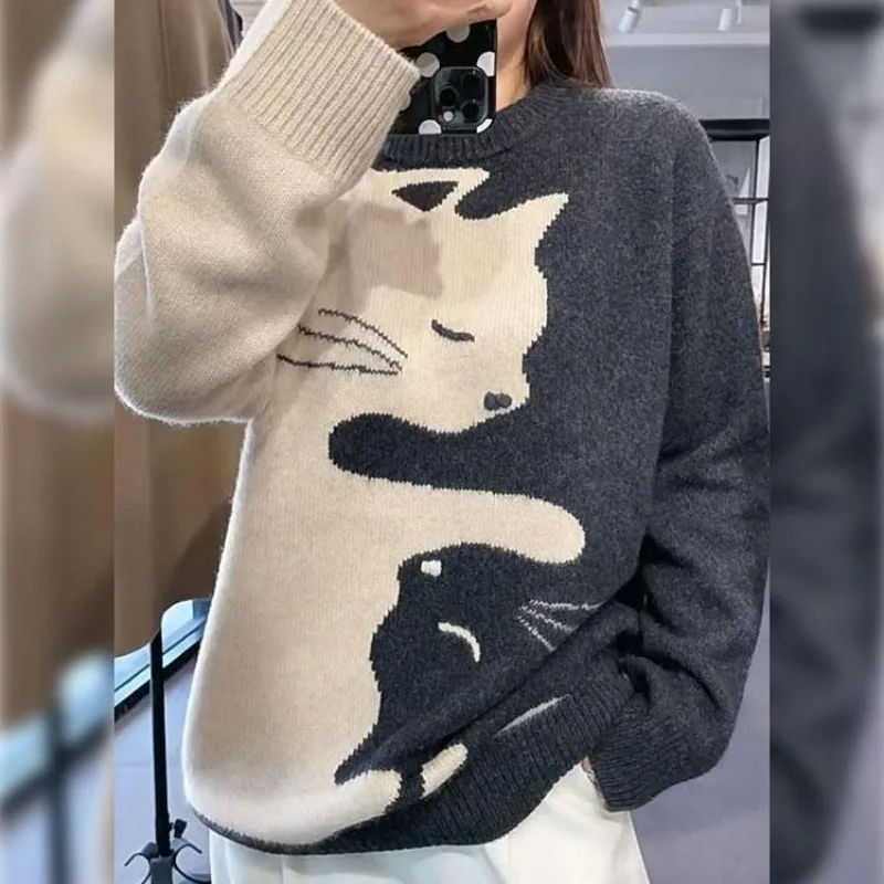 Top Trends: Women's Autumn Winter Animal Cat Kawaii Sweater Thick Long Sleeve Print Bottom Shirt Fashion Casual Versatile Knitting Lady Tops Shoppable Styles