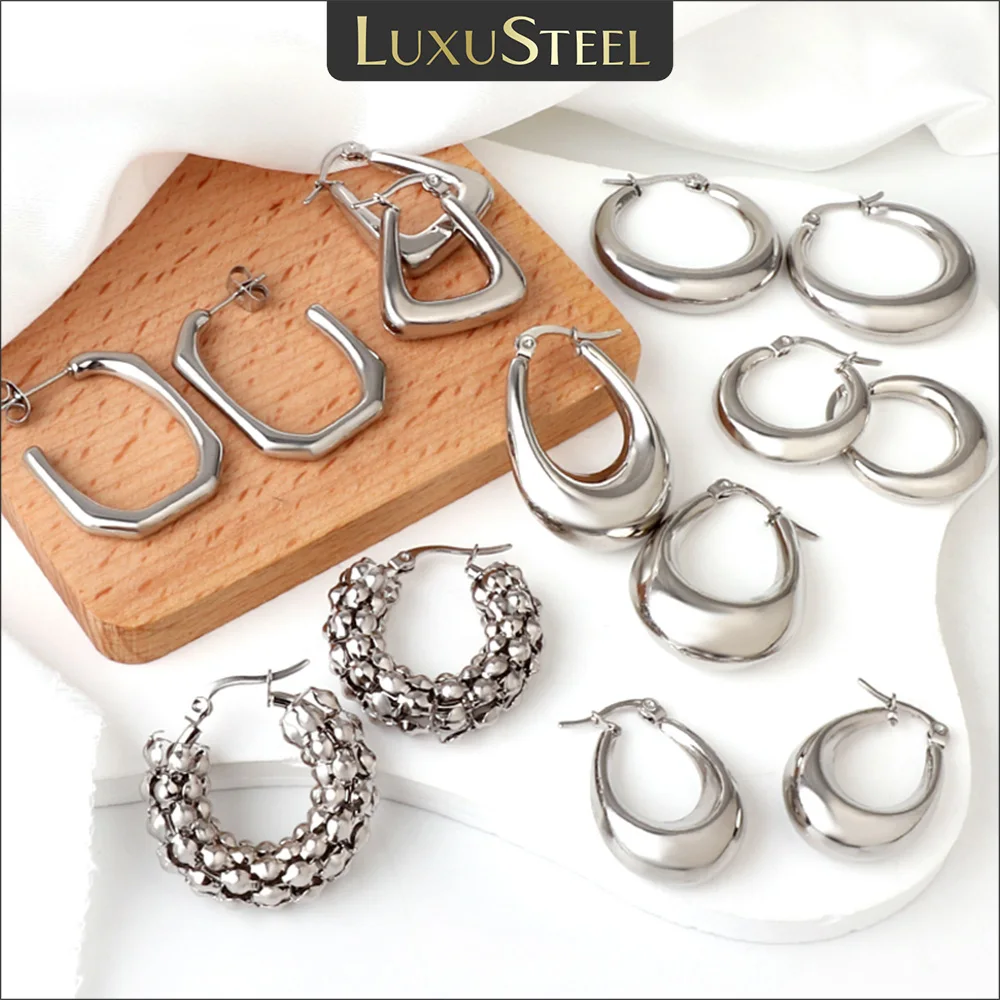 Top Trends: LUXUSTEEL Chunky Silver Color Stainless Steel Hoops For Women Men Circle Round Huggie Earrings Punk Luxury Jewelry Not Fade Shoppable Styles