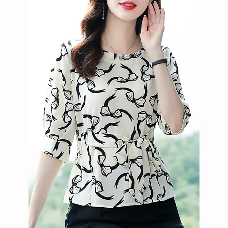 Top Trends: 2023 New Summer Elegant And Fashionable Style Round Neck Bow Print Waist Belt Slim Commuter Simple Casual Women's Shirt Shoppable Styles