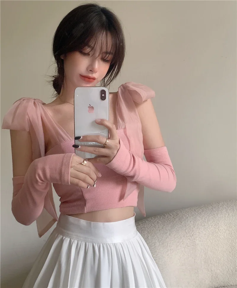 Top Trends: Sweet Girly Pink Camis Detachable Sleeve Bow Knitted Tank Tops Women Summer Fashion White Cropped Tops Shoppable Styles - Image 5