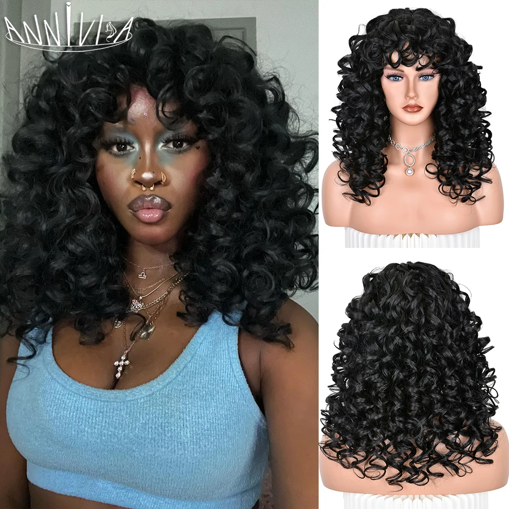 Top Trends: Black Curly Wig With Bangs Long Curly Afro Wigs For Women Synthetic Fiber Glueless Hair For Daily Use Party Halloween Cosplay Shoppable Styles