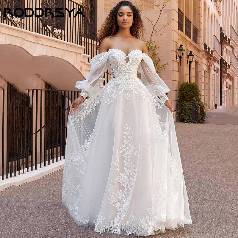 Top Trends: RODDRSYA Beach Wedding Dresses Lace Puff Sleeves Bridal Gowns Princess Off Shoulder Vestido De Novia Appliques Tulle Sweep Train Shoppable Styles