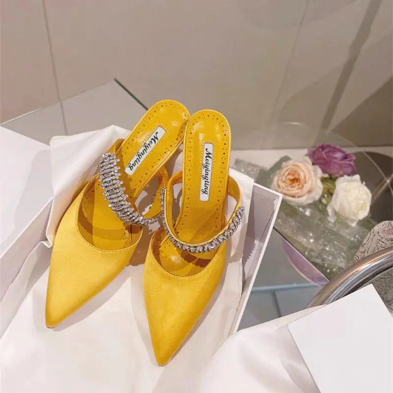 Top Trends: Women's 2022 Pump Summer New Rhinestone Chain Slippers High Heels Stiletto Pointed Shallow Mouth Silk Sandals Outer Wear Shoppable Styles