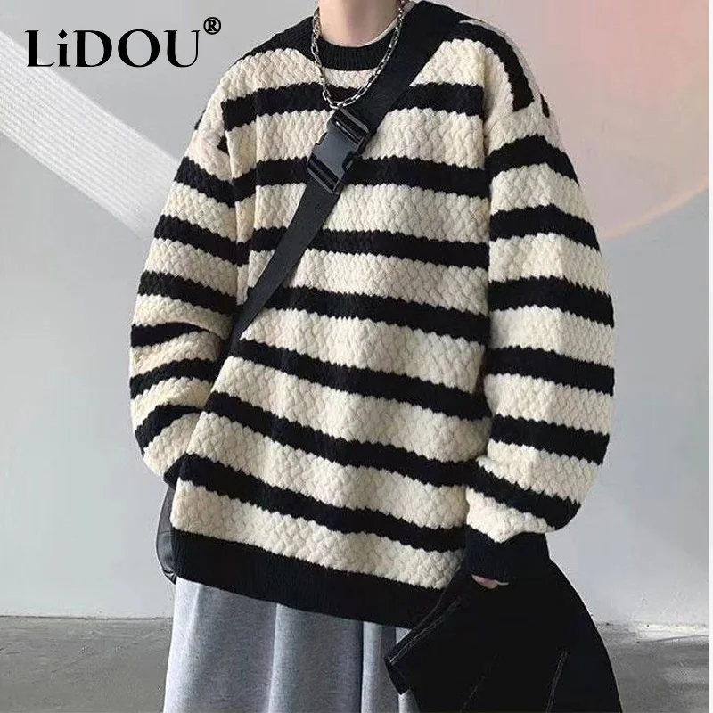 Top Trends: 2023 Autumn Winter New High Street Round Neck Long Sleeve Loose Sweater Man Contrast Color Striped Jacquard Weave All-match Tops Shoppable Styles