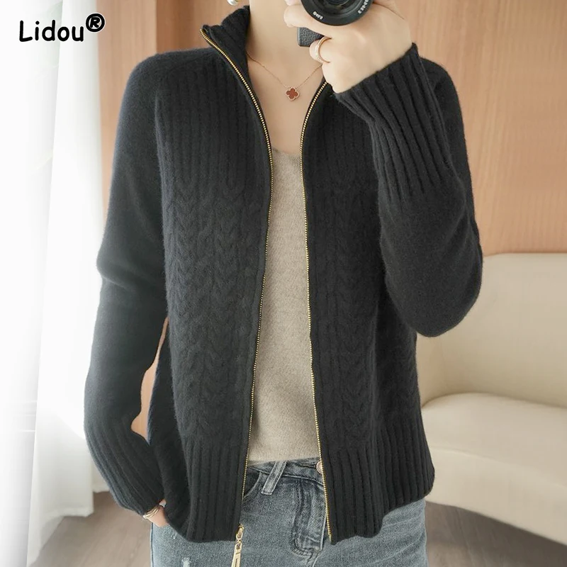 Top Trends: 2023 Autumn And Winter Fashion Simple Stand Collar Loose Casual Oversized Thread Fried Dough Twists Knitting Sweater Cardigan Shoppable Styles