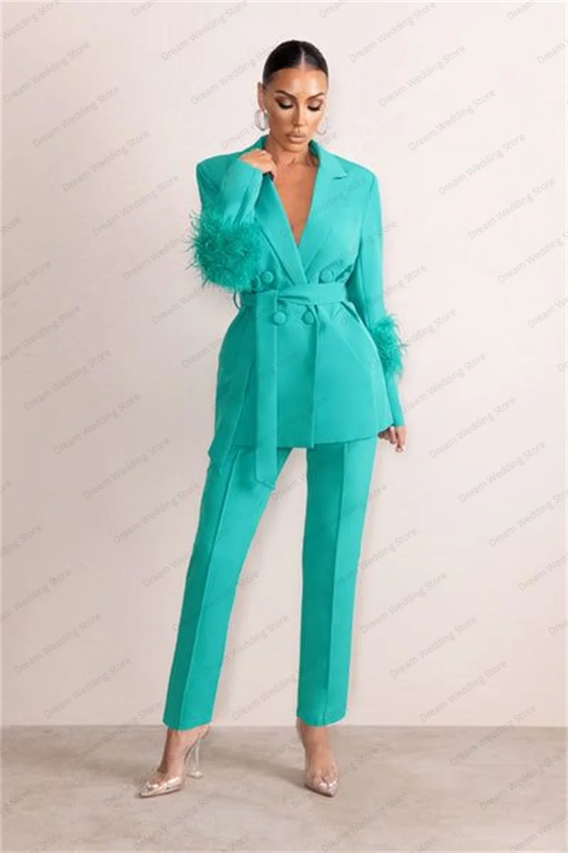 Top Trends: Tiffany Blue Women Suits Pants Set 2 Pcs Blazer+ Trousers Ostrich Feather Jacket With Belt Custom Made Fashion Prom Dress Coat Shoppable Styles