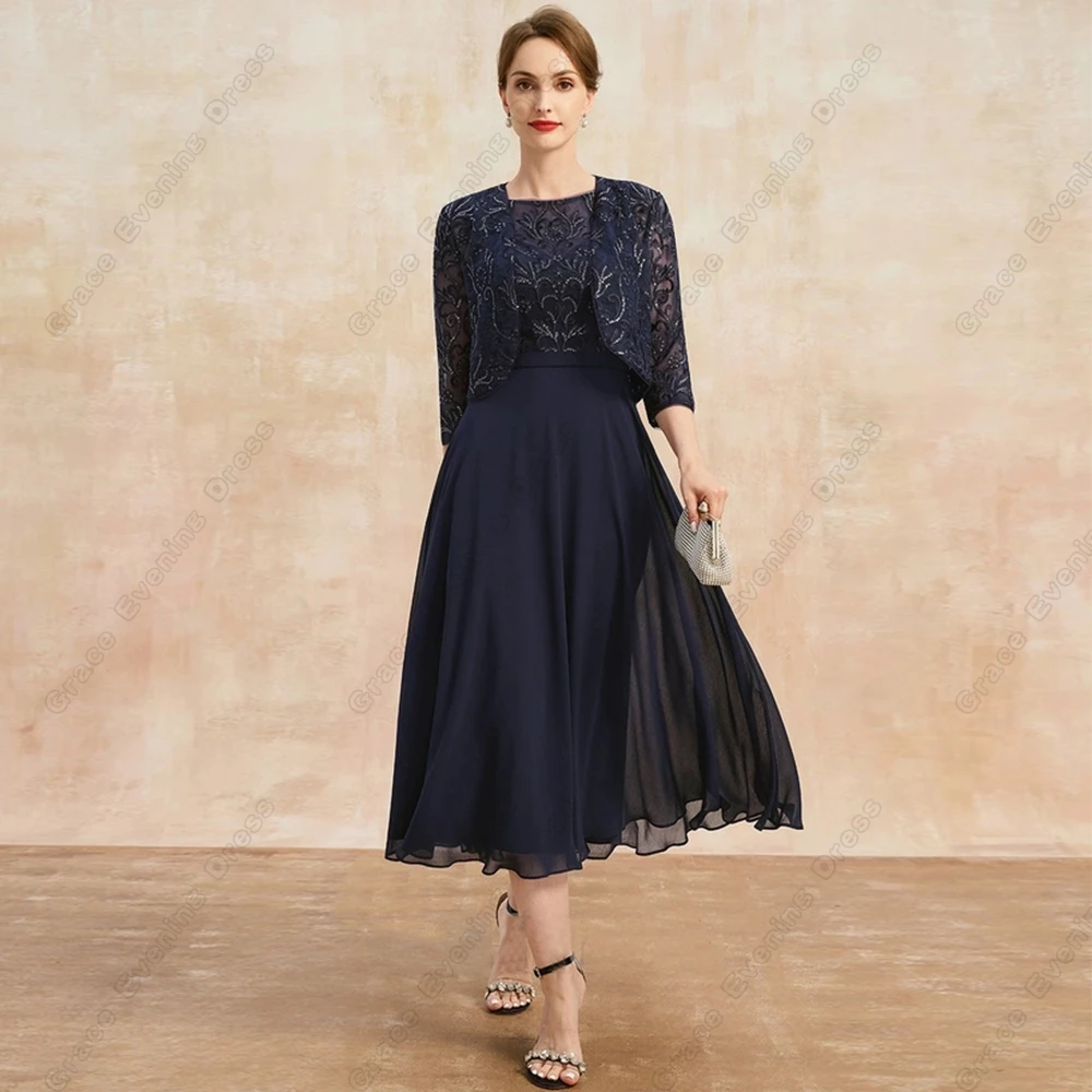 Top Trends: Navy Blue Three Quarter Mother Of Bride Dresses With Lace 2023 Summer New Chiffon Wedding Party Dresses Tea Length 2024 Zipper Shoppable Styles