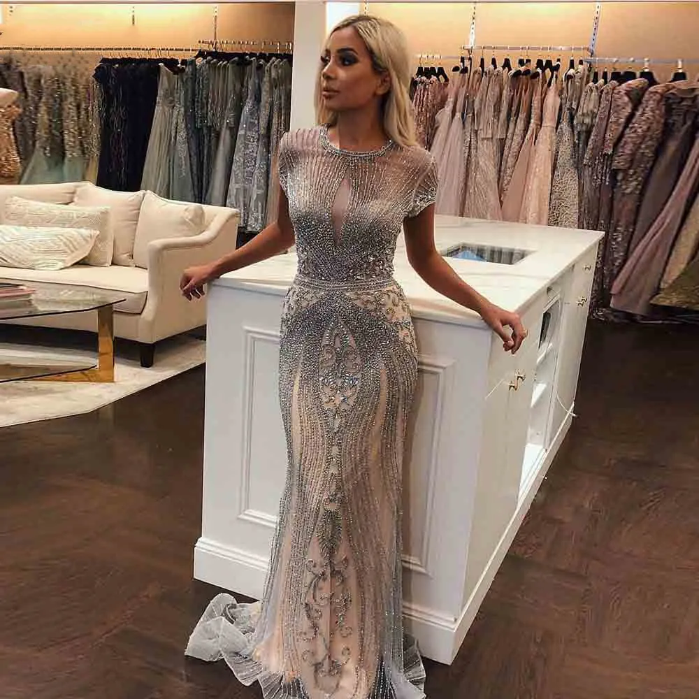 Top Trends: Long Luxury Rhinestones Short Sleeves Mermaid Evening Dress Scoop Neck Pageant Dresses Formal Gown Robe Soiree Vestidos De Gala Shoppable Styles