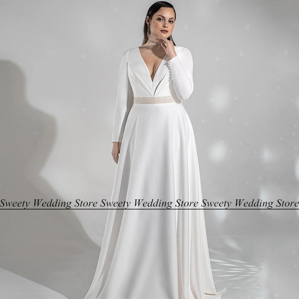 Top Trends: Plus Size Wedding Dress Marriage Bridal Gown Elegant Long Sleeves Deep V Neck Pleat Sweep Train A Line Bride Vestidos De Novia Shoppable Styles