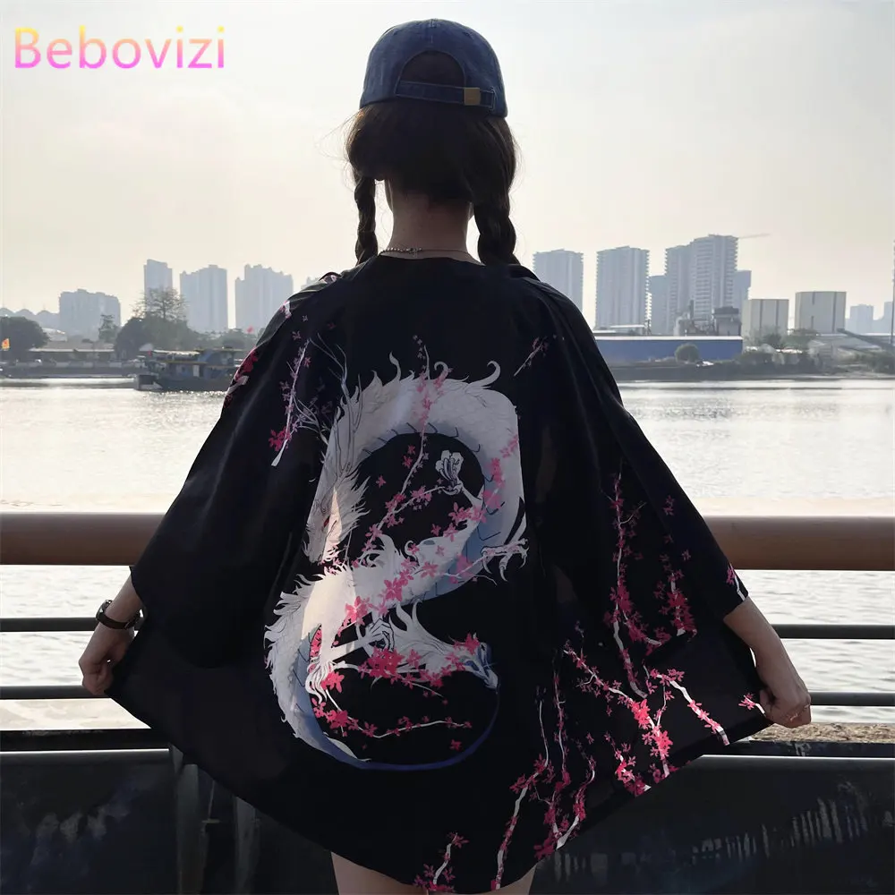 Top Trends: Anime Dragon Print Black Traditional Kimono Belt Summer Sale Beach Cardigan Yukata Japanese Clothes Fashion Women Haori Shoppable Styles