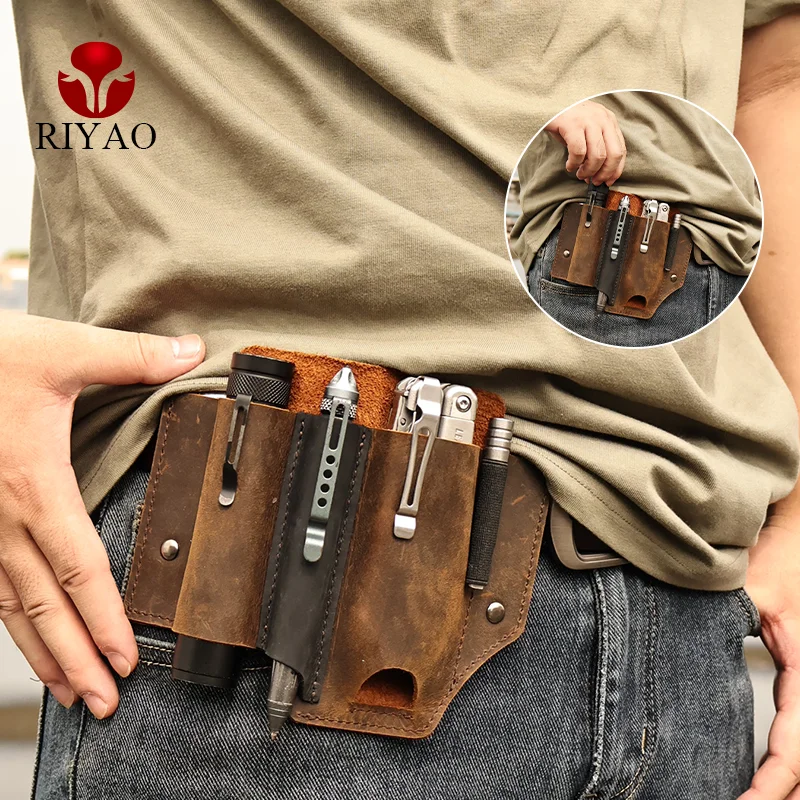 Top Trends: RIYAO Genuine Leather Multitool Sheath For Belt EDC Pocket Organizer Flashlight Pocket Knife Holster Pen Holder Men Waist Packs Shoppable Styles