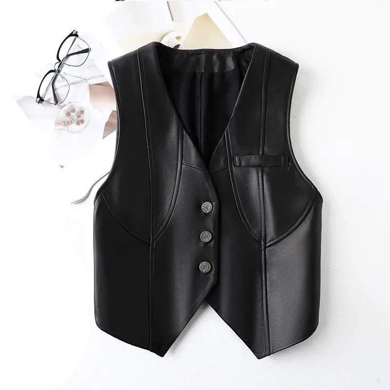 Top Trends: 2023 Spring And Autumn New Commute Cardigan Button Solid Color Patchwork Women&#039;s V-neck Short Sleeveless Leather Vest Coat Shoppable Styles