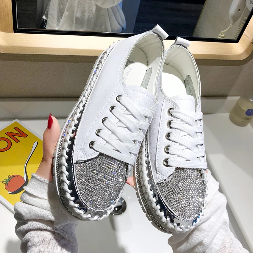 Top Trends: Women Crystal Shoes 2023 Spring Fashion Bing Lace Up Ladies Casual Shoes Comfortable Round Toe Platform Sneakers White Shoes Shoppable Styles - Image 2