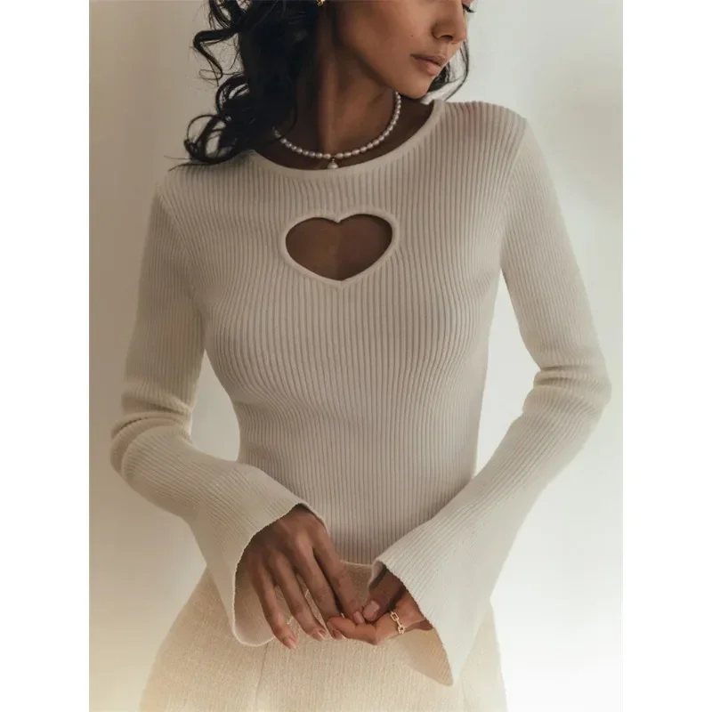 Top Trends: Ribbed Knitted Full Flare Long Sleeve Sweater Heart Shape Hollow Out Slim Pullover Jumper Women Casual Y2k Fashion Streetwear Shoppable Styles