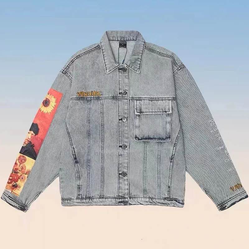 Top Trends: Van Gogh Embroidery Men Denim Jacket Hip Hop Kanye Harajuku Gengar Human Made Kapital Coat Oversized Varsity Jacket Chaquetas Shoppable Styles