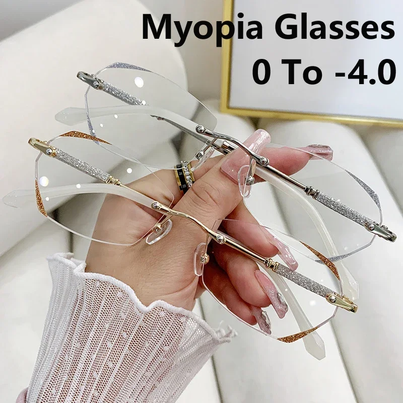 Top Trends: Women Rimless Myopia Glasses Luxury Diamond Cutting Frame Anti Blue Light Eyeglasses Finished Optical Eyewear Diopter 0 To -4.0 Shoppable Styles