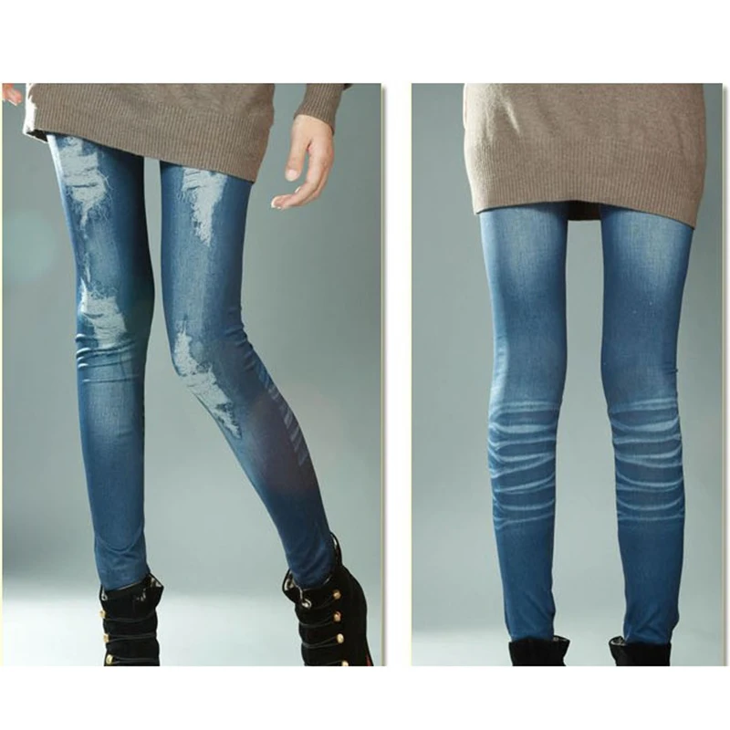 Top Trends: Sexy Astic Imitation Jeans Leggings High Waist Pants Fitness Sport Fashion Hole Type Printing Faux Denim Jeans Slim Leg Mujer Shoppable Styles