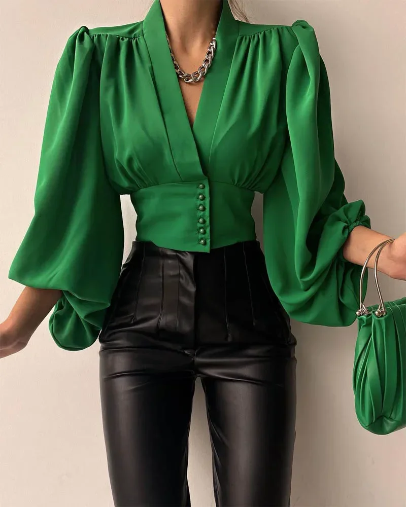 Top Trends: 2024 Spring Satin Women's Blouse Red Long Lantern Sleeve Button V-neck Elegant Female Shirt Spring Fashion Vintage Ladies Top Shoppable Styles