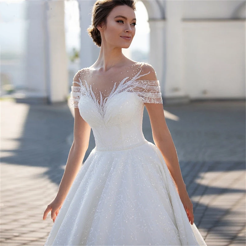 Top Trends: Shiny Off The Shoulder 2023 Wedding Dress For Bride Elegant Glitter Lace A-Line Bridal Gown Illusion Pleats Robe De Mariée Shoppable Styles