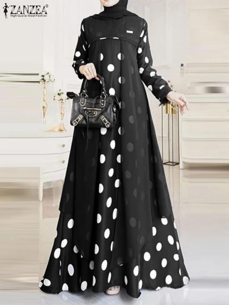 Top Trends: ZANZEA Full Sleeve O-Neck Printed Sundress Women Polka Dots Muslim DressBohemian Casual Loose Elegant Robe Turkey Abaya Vestido Shoppable Styles