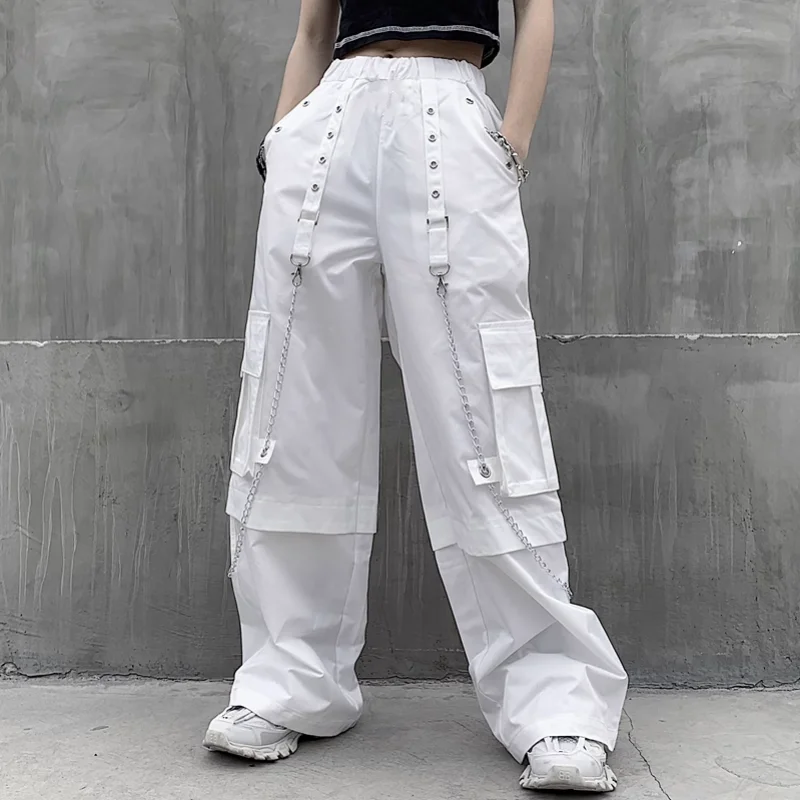 Top Trends: White Cargo Pants Woman Oversized Hippie Streetwear Pocket The Chain Elastic High Waist Trousers Baggy Korean Style Fashion Shoppable Styles