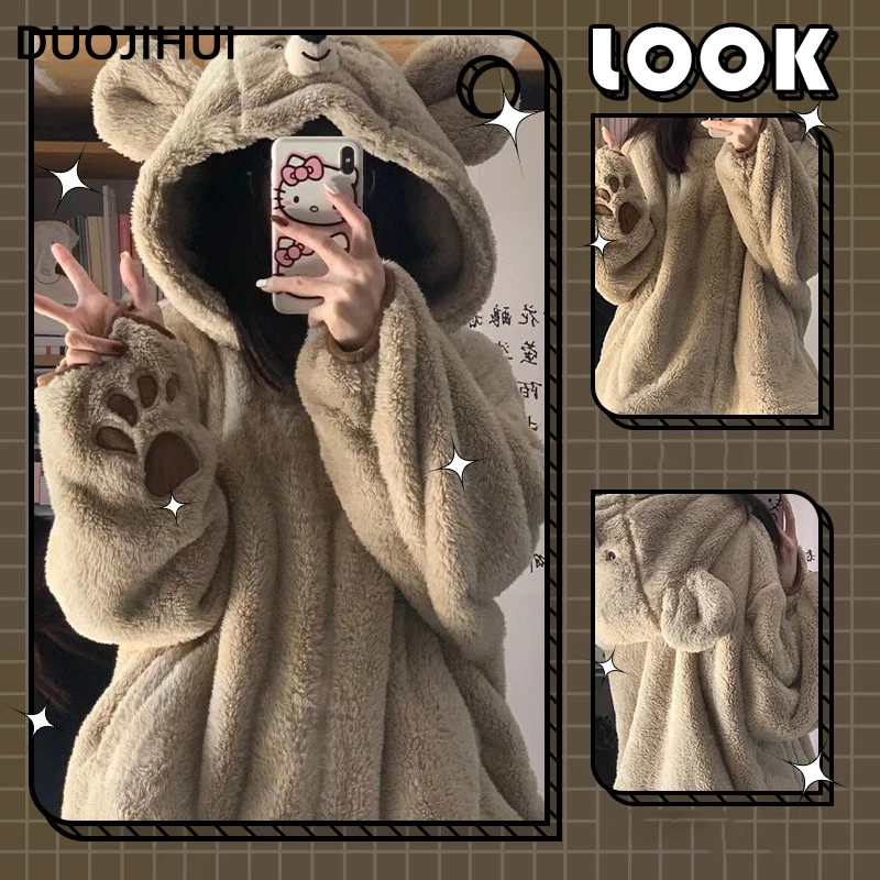 Top Trends: DUOJIHUI Two Piece Classic Hooded Cute Print Sweet Female Sleepwear Sets Winter Flannel Loose Simple Fashion Pajamas For Women Shoppable Styles