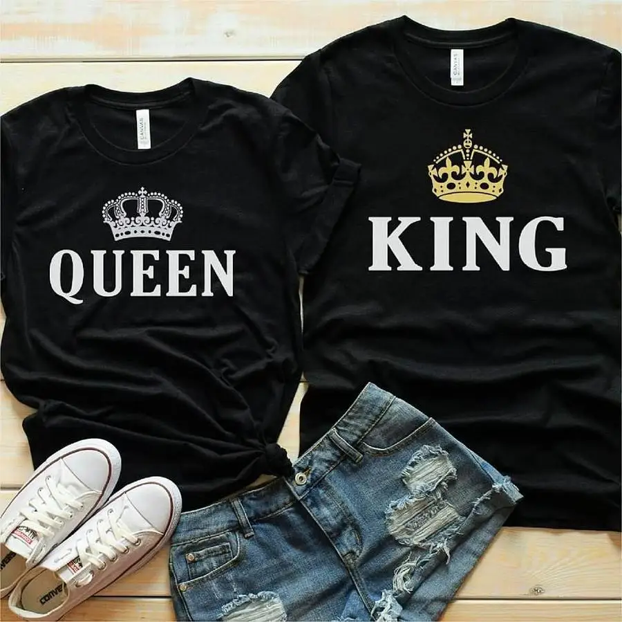 Top Trends: King Queen Crown Print Couple T Shirt Lovers Short Sleeve O Neck Loose Tshirt Fashion Woman Man Tee Shirt Tops Clothes Shoppable Styles