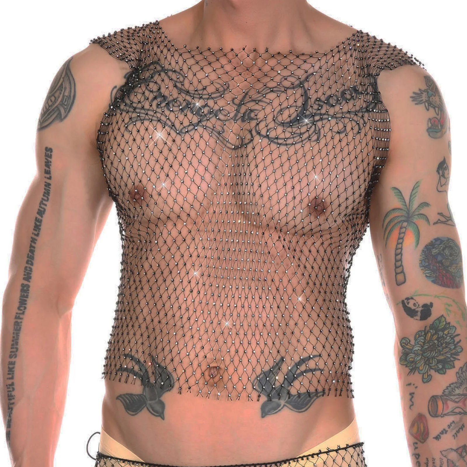 Top Trends: CLEVER-MENMODE Men Fishnet Sexy Tank Tops Rhinestone Shiny See-Through Hollow Vest Mesh Sleeveless T-Shirt Transparent Clothing Shoppable Styles