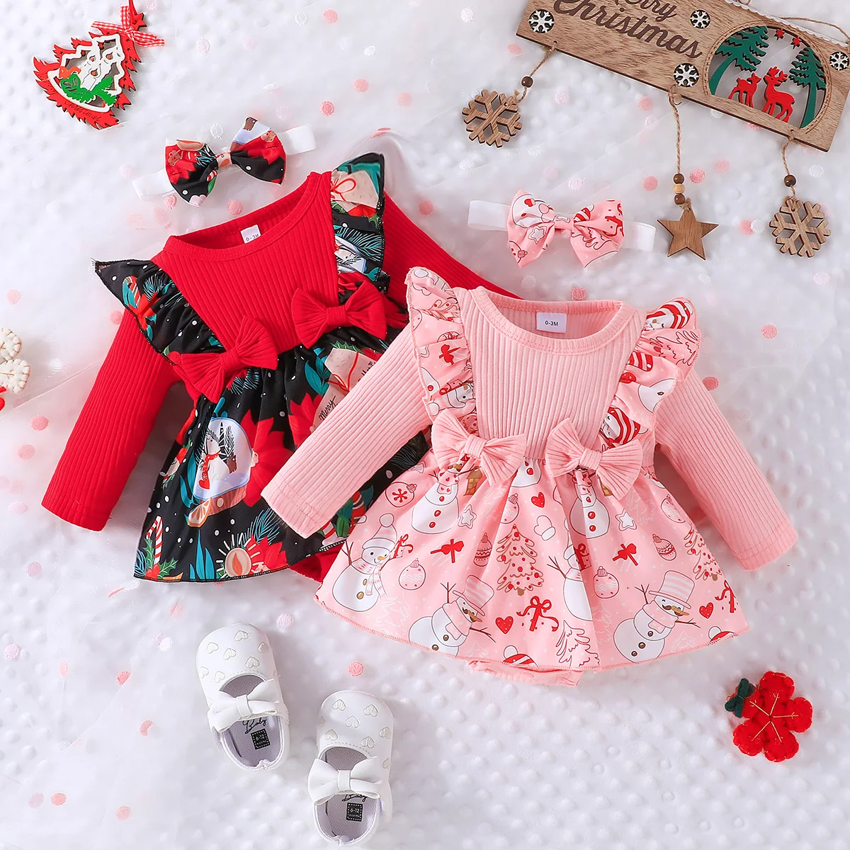 Top Trends: Christmas 0-2Y Infant Baby Girls Romper Long Sleeve Crew Neck Bow Patchwork Print Bodysuit With Headband Fall Clothes Cute Shoppable Styles