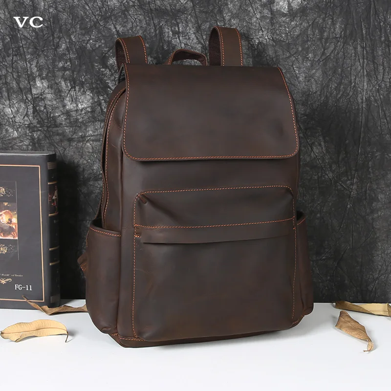 Top Trends: Vintage First Layer Cowhide Backpack Large Capacity Casual Men's Leather Backpack Europe And The United States Trend Computer Ba Shoppable Styles