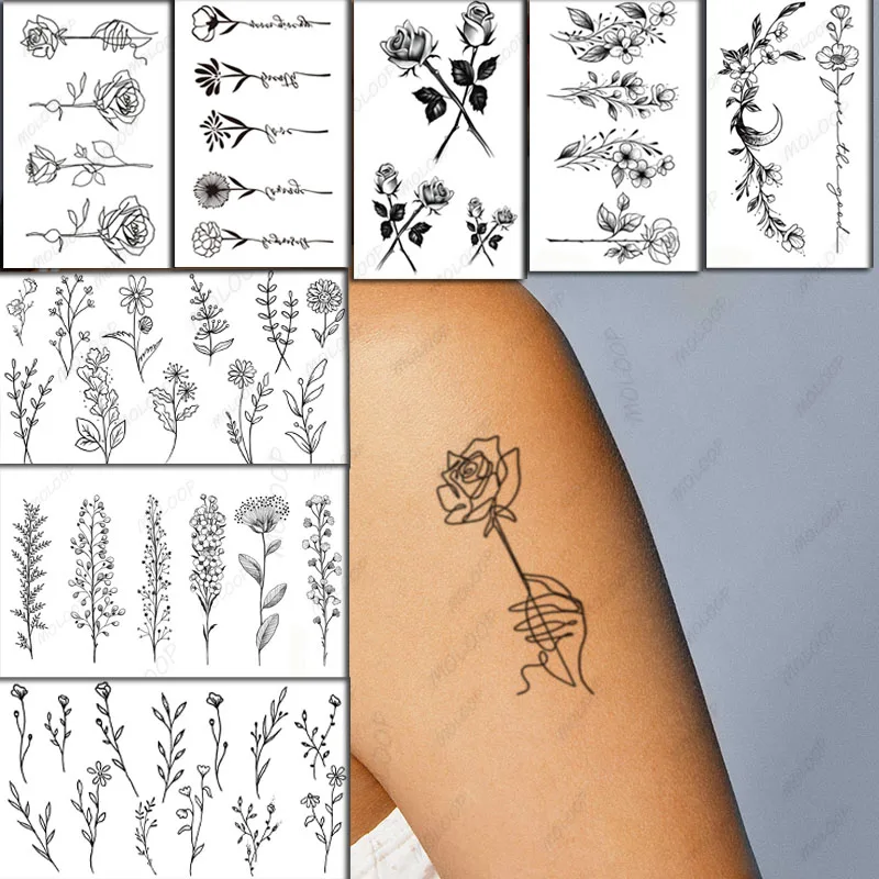 Top Trends: Sketch Rose Flowers Waterproof Temporary Tattoo Sticker Hand Lines Design Fake Tattoos Flash Tatoos Arm Chest Body Art For Women Shoppable Styles