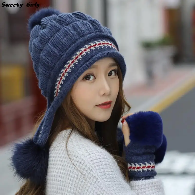 Top Trends: 2022 Winter Knit Hat Women Rabbit Fur Bomber Plush Snow Hats Pompom Female Solid Hip-Hop Beanie Outdoor Ear Protection Cap Shoppable Styles