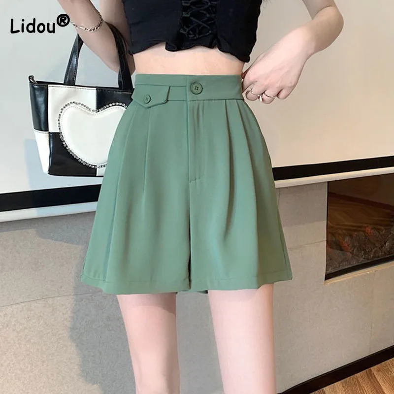 Top Trends: Korean Casual High Waist Solid Color Loose Shorts For Female Fashion All-match Button Spliced Summer Pants Women's Clothing Shoppable Styles